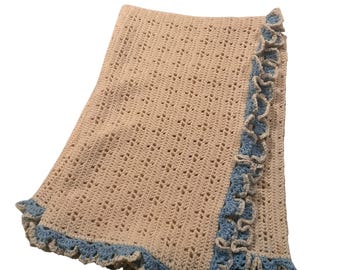 Vintage Handmade Crochet Blanket Ivory Blue Ruffle Edge Heirloom Large Throw