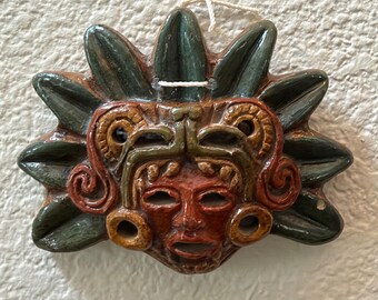 Vintage Mayan Aztec Style Clay Mask Wall Hanging Glazed Pottery Folk Art 4x5