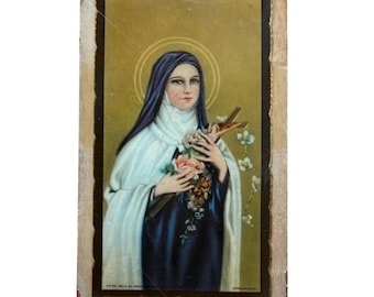 Vintage 1933 Saint Therese of Lisieux Wood Plaque Lithograph Religious Icon 4in
