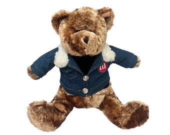 M&M's Bear Plush Brown Bear Denim Jean Jacket  Embroidered Logo Design 12"- 2002