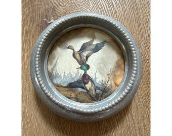 Vintage Fred Sweney Mallard Ducks Miniature Round Metal Frame Wildlife Art 3.25"
