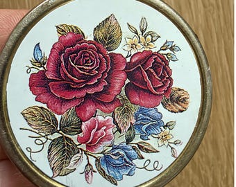 Vintage Gold Tone Floral Rose Pill Box 3 Compartment Round Case