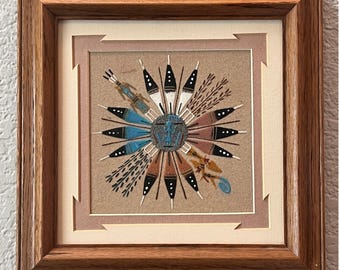 Navajo Sand Painting Sun Eagle Yazzie Signed Native American Art Framed Oak