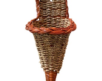 Vtg Woven Wicker Seagrass Wall Hanging Cone Basket Boho Farmhouse Decor Brown