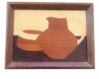 Vtg Marquetry Wood Inlay Wall Art Still Life Pitcher Bowl Framed MCM Danish Teak
