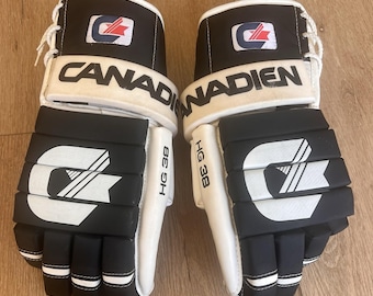 Guantes de hockey sobre hielo Canadien HG38 vintage de 15 pulgadas, par para adultos, estilo retro, negro y blanco, años 80.