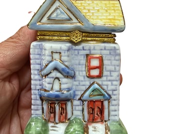 Midwestern Home Products Porcelain Hinged Trinket Box House Blue Yellow 3 Inch