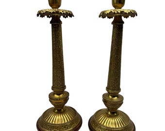Vintage Ornate Brass Candlesticks Pair Floral Scrollwork Wood Base 11.5 Inch