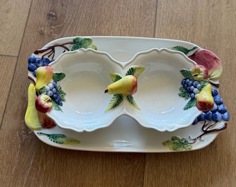 Vintage italienische Majolika-Keramik-Obstplatte und Doppelschalen-Set, hergestellt in Italien
