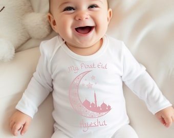 Baby Girls First Eid Personalised Vest, Sleepsuit or Kids T-Shirt, Pink Eid Mubarak Girl's Outfit, Eid-al-fitr Children's Celebration Gift