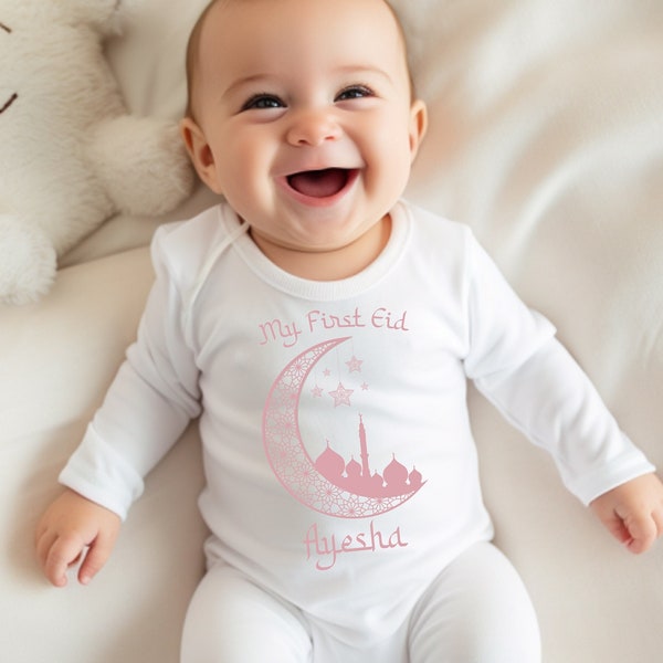 Baby Girls First Eid Personalised Vest, Sleepsuit or Kids T-Shirt, Pink Eid Mubarak Girl's Outfit, Eid-al-fitr Children's Celebration Gift
