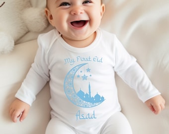 Boys First Eid Personalised Baby Vest, Sleepsuit or Kids T-Shirt, Blue Eid Mubarak Boy's Outfit, Eid-al-fitr Children's Celebration Gift