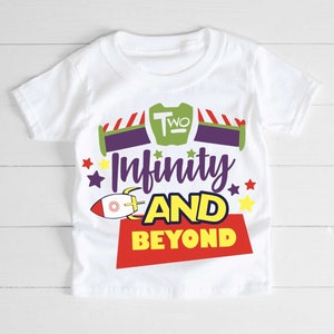 Two Infinity and Beyond Kids Birthday T-Shirt, Space Ranger Rocket T-Shirt, Moon Space Galaxy Sci Fi Toy Story Film Inspired T-Shirt,