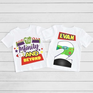 Two Infinity and Beyond Front and Back Print Birthday T-Shirt, Space Ranger Rocket T-Shirt, Space Galaxy Sci Fi Buzz Film Inspired T-Shirt