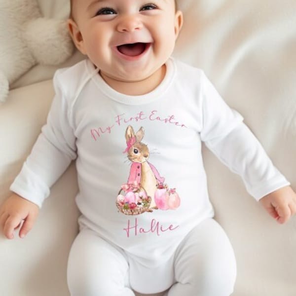 Baby Girls Personalised My First Easter Outfit, Kids Easter Pyjamas, My First Easter Vest,My First Easter Top, My First Easter Baby Grow