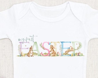 Meine erste Ostern Babyweste, Babygrow Schlafanzug oder T-Shirt, Unisex Regenbogen Pastell Design, Baby erste Ostern Frühlingsgeschenk Kleidung