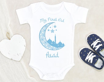 Boys First Eid Personalised Baby Vest, Sleepsuit or Kids T-Shirt, Blue Eid Mubarak Boy's Outfit, Eid-al-fitr Children's Celebration Gift