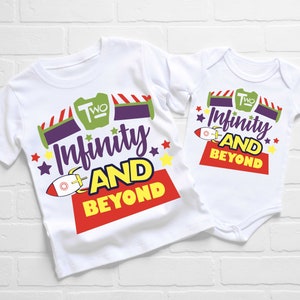 Two Infinity and Beyond Kids Birthday T-Shirt, Toddler 2nd Birthday Top, Space Ranger Rocket Space Astronaut Galaxy Sci Fi Toy Film Inspired