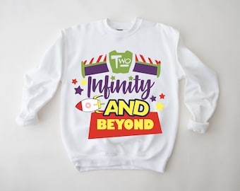 Two Infinity and Beyond 2nd Birthday Jumper Long Sleeve Top, Space Ranger Rocket Jumper, Space Galaxy Buzz Film Inspired Crew Sweatshirt