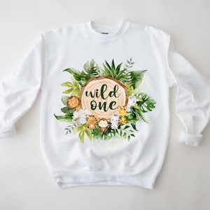 Wild One 1st Birthday Jumper, First Birthday Long Sleeve Top Jumper, Wild One Outfit, Safari Jungle Kids White Crew Sweatshirt Jumper