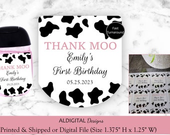 Hand Sanitizer Label, Cow Sanitizer Labels, Cow Thank Moo Hand Sanitizer Labels, Baby Shower Birthday Cow Sanitizer Labels