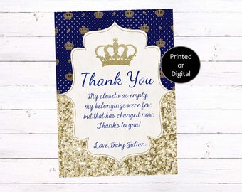 Thank You Cards Instant Download Crown Notes Royal Digital Gold Stripes Blue Thank you for Celebrating the Little Prince
