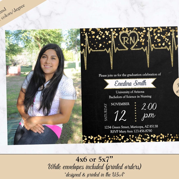 May include: Black and gold graduation invitation with a heart and RN symbol. The invitation is for Enedina Smith, who is graduating with a Bachelor of Science in Nursing from the University of Arizona. The invitation is printed on a black background with gold glitter and confetti. The text is in white. The invitation is 4x6 or 5x7 inches and includes white envelopes.