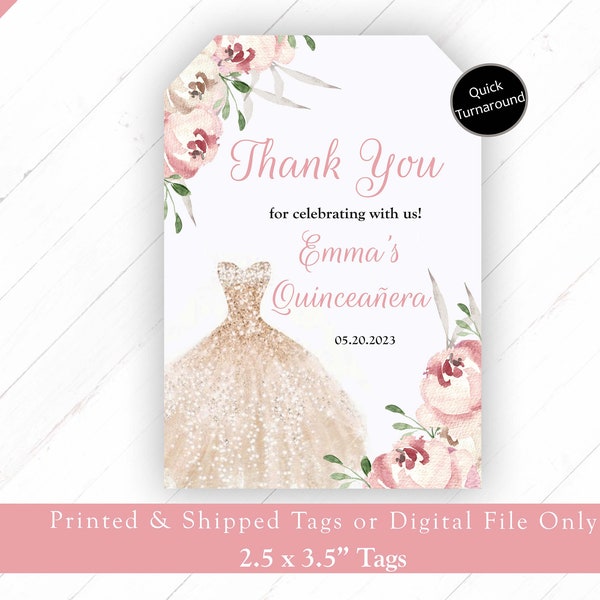Pink Favor Tags, Beige Quinceanera Favor Tags, Beige Dress Favor Tags, Sweet Sixteen Beige Dress Favor tags, Quinceanera Tags