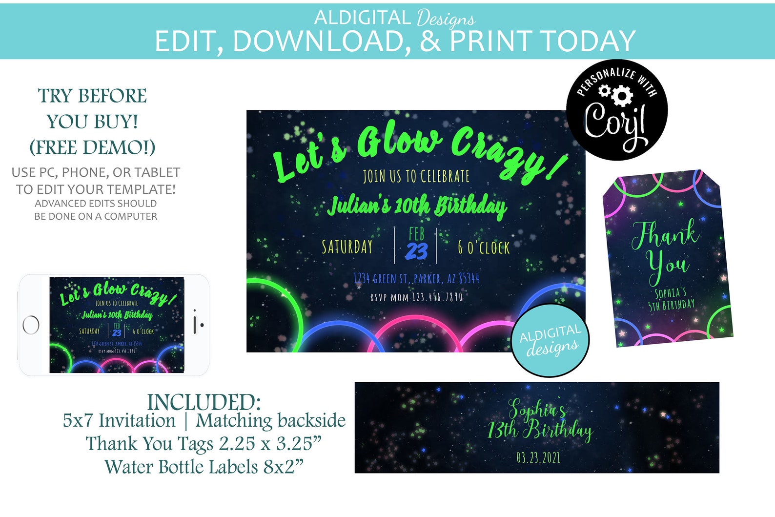 Glow Birthday Einladung Glow Party GeburtstagSeinladung Neon - Etsy.de