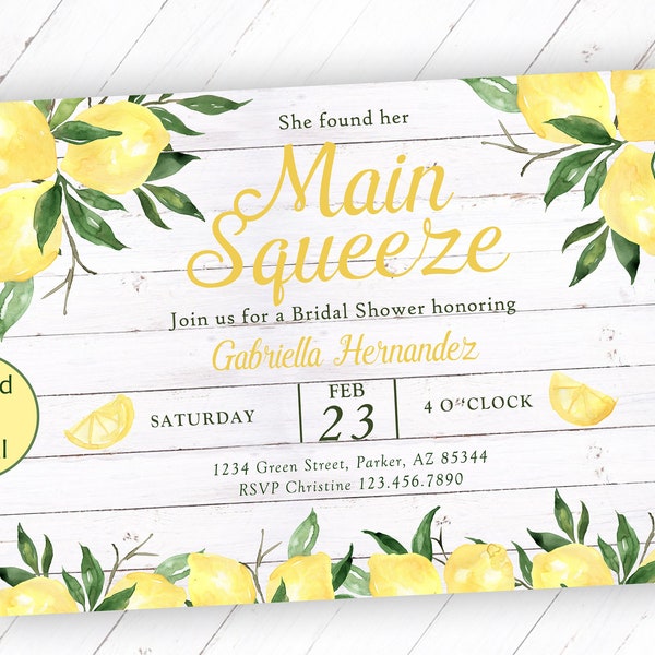 Main Squeeze Invitation, Main Squeeze Bridal Shower Invitation, Lemon Bridal Shower Invitation, Bridal Shower Invitation