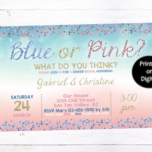 Gender Reveal Invitation, Confetti Gender Reveal Invitation, Blue or Pink Invitation, Gender Reveal