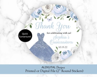 Quinceanera Blue Floral Stickers, Quinceanera Blue Butterfly Floral Stickers, Sweet Sixteen Blue Floral Favor Stickers, Blue Favor Stickers