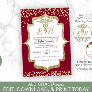 Registered Nurse Invitation, LVN Invitation, Medical Doctor Invitation, Nursing Red Gold Graduation Invitation, EDITABLE TEMPLATE