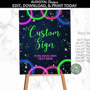 Glow Party Schild, Glow Tischschild, Let's Glow Crazy Tischschild, Neon Glow Tischschild, EDITIERBARE VORLAGE