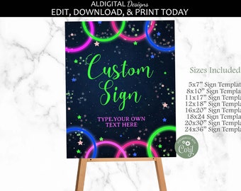 Glow Party Sign, Glow Table Sign, Let&#39;s Glow Crazy Table Sign, Neon Glow Table Sign, EDITABLE TEMPLATE