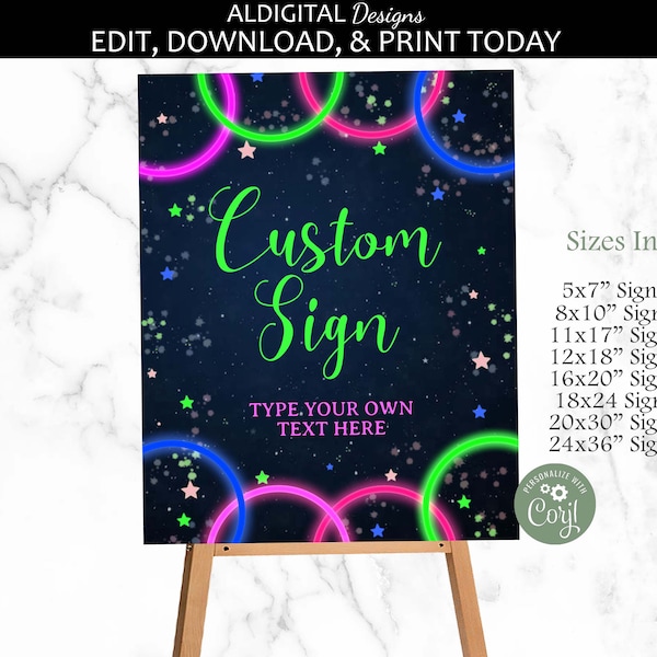 Glow Party Sign, Glow Table Sign, Let's Glow Crazy Table Sign, Neon Glow Table Sign, EDITABLE TEMPLATE