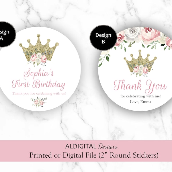 Princess Favor Stickers, Princess Pink Floral Stickers, Princess Stickers, Princess Birthday Favor Stickers