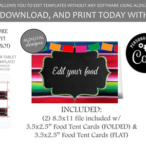 Cartes de tente Fiesta, Cartes de tente de nourriture Fiesta mexicaine, Étiquettes de nourriture Fiesta, Tente de nourriture Fiesta, Étiquettes de nourriture Fiesta, MODÈLE MODIFIABLE