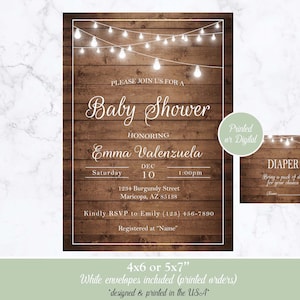 Rustic Baby Shower Invitation, Baby Shower Invitation, Rustic Wooden Country Baby Shower Invitation, Rustic Lights Baby Shower Invitation