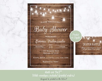 Rustic Baby Shower Invitation, Baby Shower Invitation, Rustic Wooden Country Baby Shower Invitation, Rustic Lights Baby Shower Invitation
