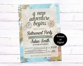 Travel Retirement Invitation, World Map Travel Retirement Invitation, Retirement Invitation, Adventure Awaits Retirement Invitation