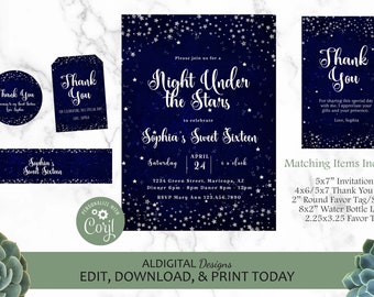 Starry Night Invitation, Under the Stars Invitation, Sweet Sixteen Under the Stars Invitation, Wedding Under the Stars, EDITABLE TEMPLATE