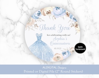 Quinceanera Blue Floral Stickers, Quinceanera Blue Butterfly Floral Stickers, Sweet Sixteen Blue Floral Favor Stickers, Blue Favor Stickers