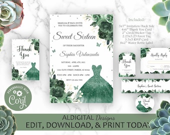 Sweet 16 Invitation, Butterfly Emerald Green Sweet Sixteen Invitation, Butterfly Emerald Green Invitation, EDITABLE