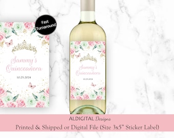 Wine Labels, Quinceanera Pink Green Wine Labels, Quinceanera Wine Sticker Labels, Quinceanera Crown Wine Sticker Labels