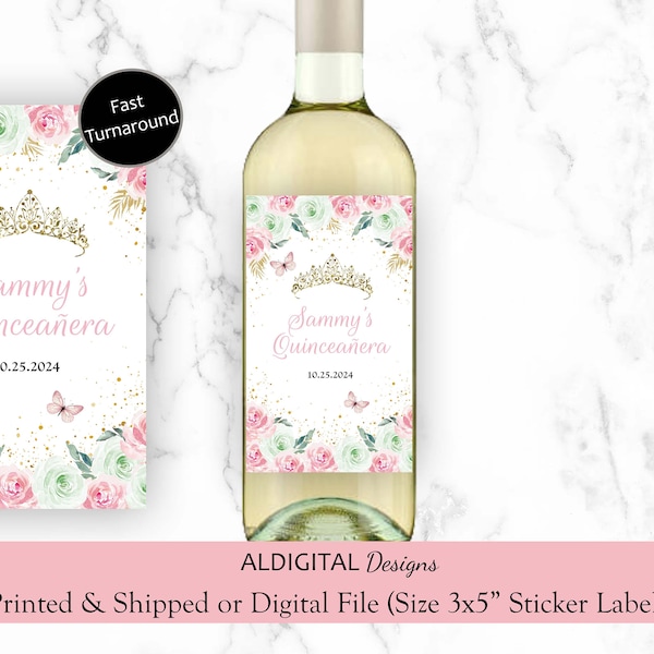 Wine Labels, Quinceanera Pink Green Wine Labels, Quinceanera Wine Sticker Labels, Quinceanera Crown Wine Sticker Labels