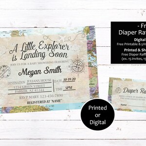 May include: Baby shower invitation with a vintage map design. The invitation reads "A Little Explorer is Landing Soon" with details for the event, including the date, time, and location. A matching diaper raffle card is also included.