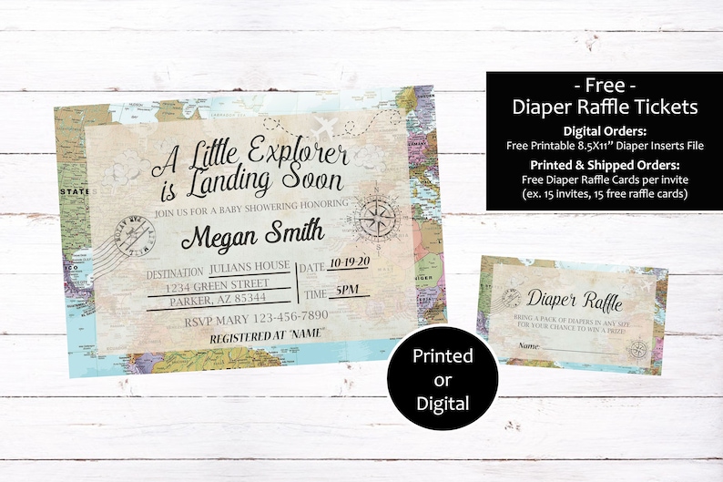 May include: Baby shower invitation with a vintage map design. The invitation reads "A Little Explorer is Landing Soon" with details for the event, including the date, time, and location. A matching diaper raffle card is also included.