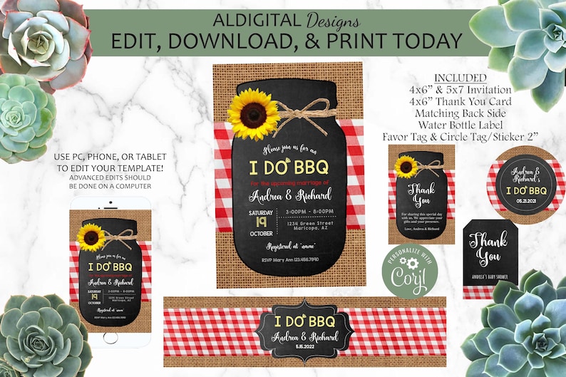 K&ouml;nnte beinhalten: Druckbare digitale Vorlage f&uuml;r eine rustikale I Do BBQ Hochzeits-Einladung. Das Design zeigt ein Einmachglas mit einem schwarzen Hintergrund, eine Sonnenblume und rot-wei&szlig;es Gingham. Der Text lautet "I Do BBQ" und enth&auml;lt die Namen des Paares, Datum und Uhrzeit. Die Vorlage enth&auml;lt auch eine Dankeskarte, ein Wasserflaschenetikett und einen Geschenkanh&auml;nger.
