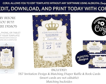 Prins babyshower uitnodiging, Royal Prince babyshower uitnodiging, kleine prins babyshower uitnodiging, BEWERKBARE SJABLOON